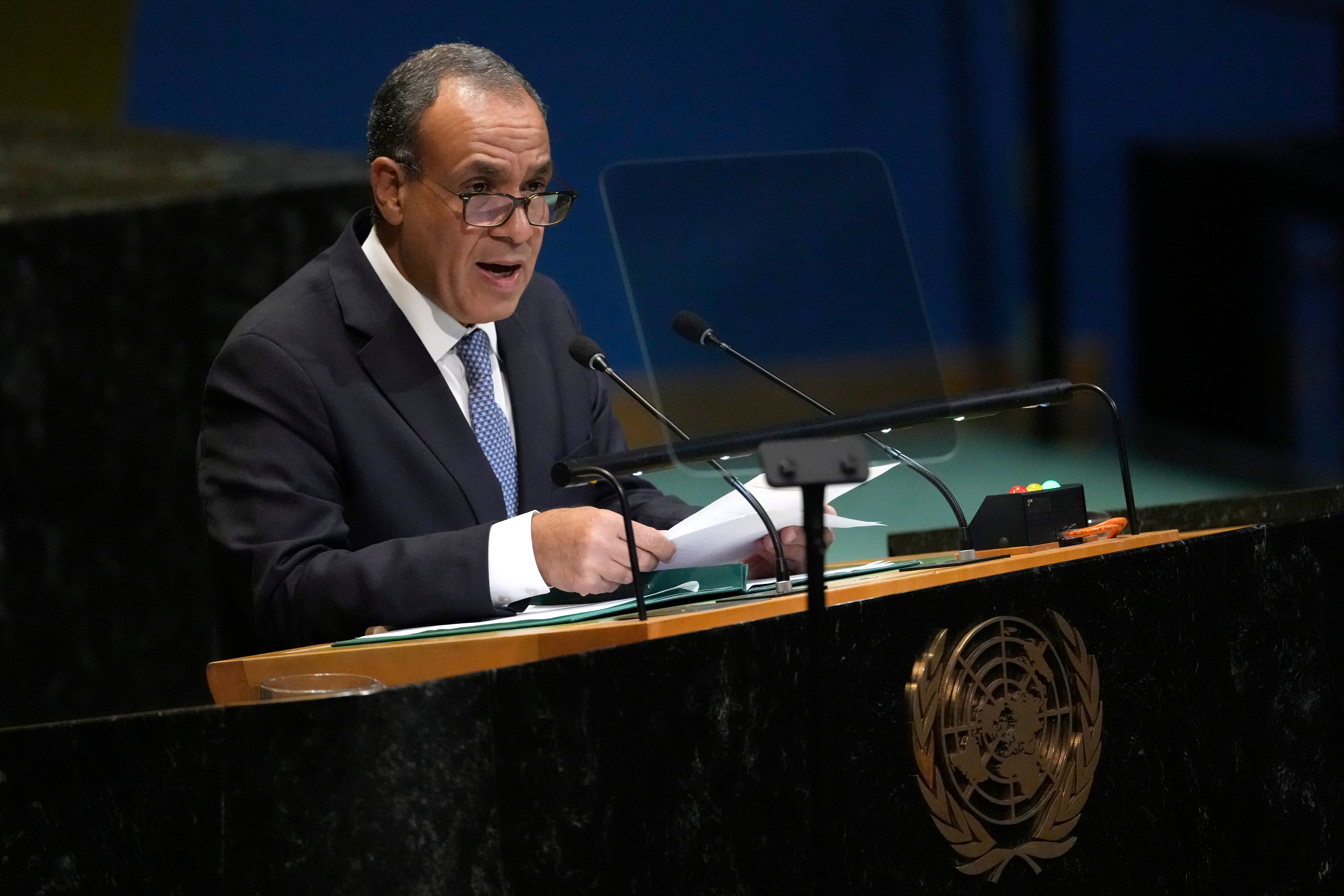 Minister for Foreign Affairs, Emigration and Egyptian Expatriates of Egypt addresses the 80th session of the United Nations General Assembly, Saturday, Sept. 27, 2025, at UN headquarters. (AP)